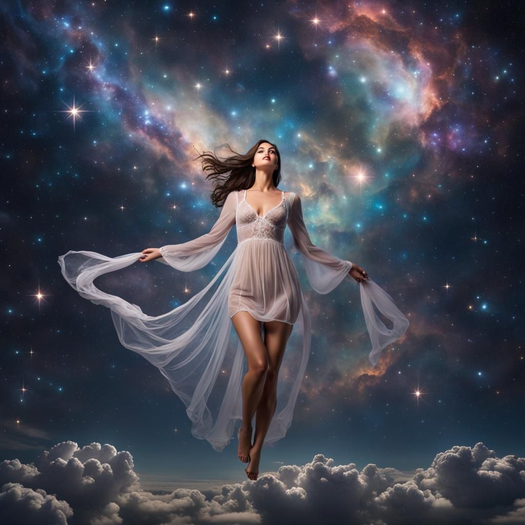 Woman Hovering in Starry Sky