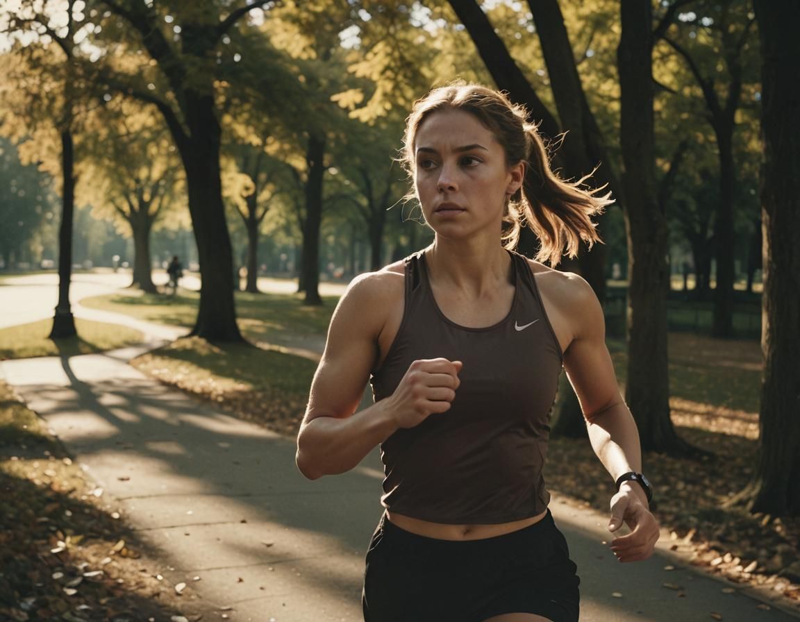 Female Athlete Jogging in Park: Cinematic Film Still