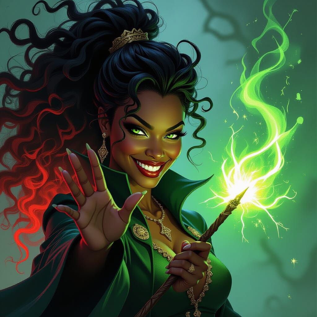 Witch Transforms Green Hair to Red with Evil Smile