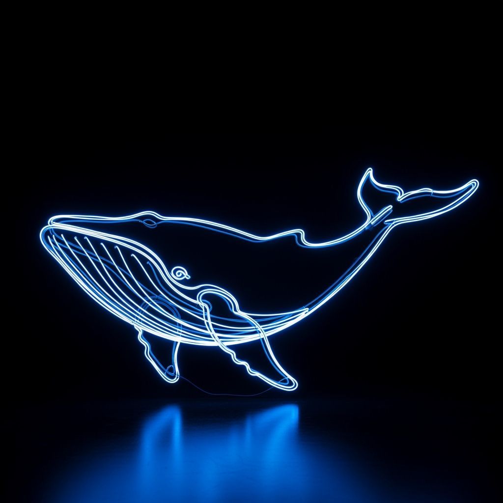 Dynamic Blue Wireframe Whale Against Black Background
