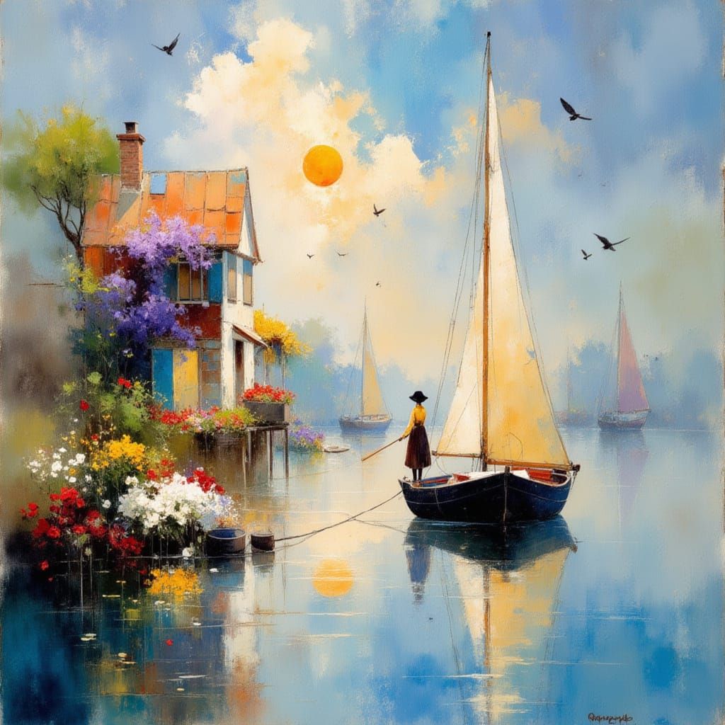 Island House in Impressionist Painting Style