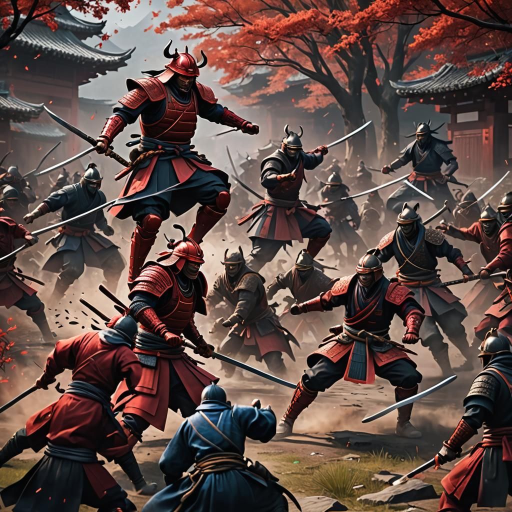 Samurai vs Ninjas: Detailed Matte Painting in Red