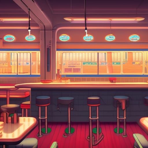 1950s Diner in Studio Ghibli Anime Style