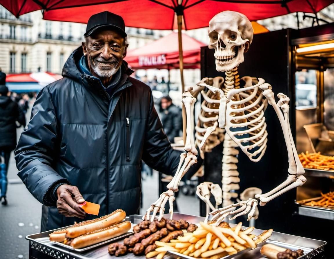 Parisian Street Vendor Smiles Holding Debit Card in 8K