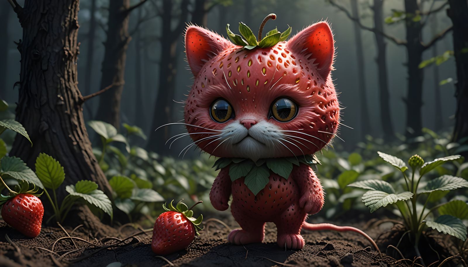 Whimsical Strawberry with Feline Accents