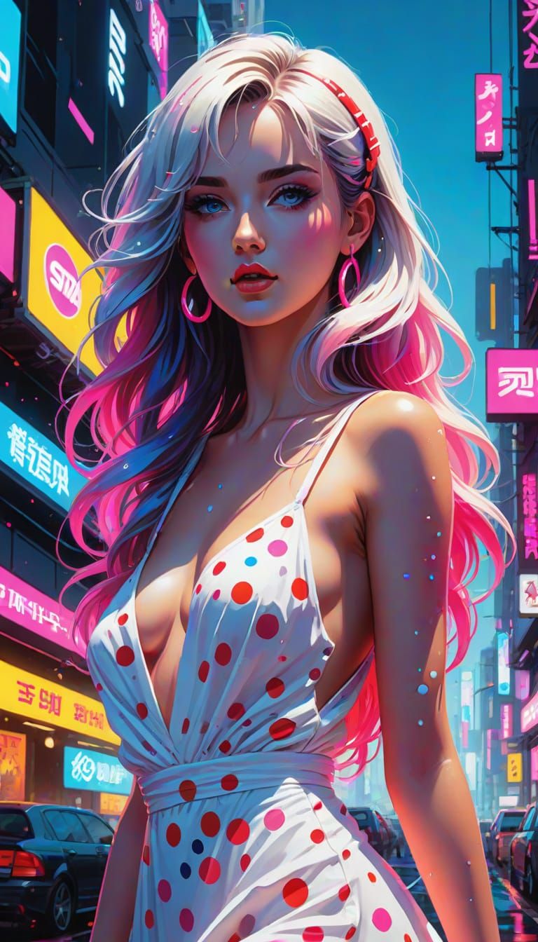 Polka Dot Woman in Pointillism Style on Beach