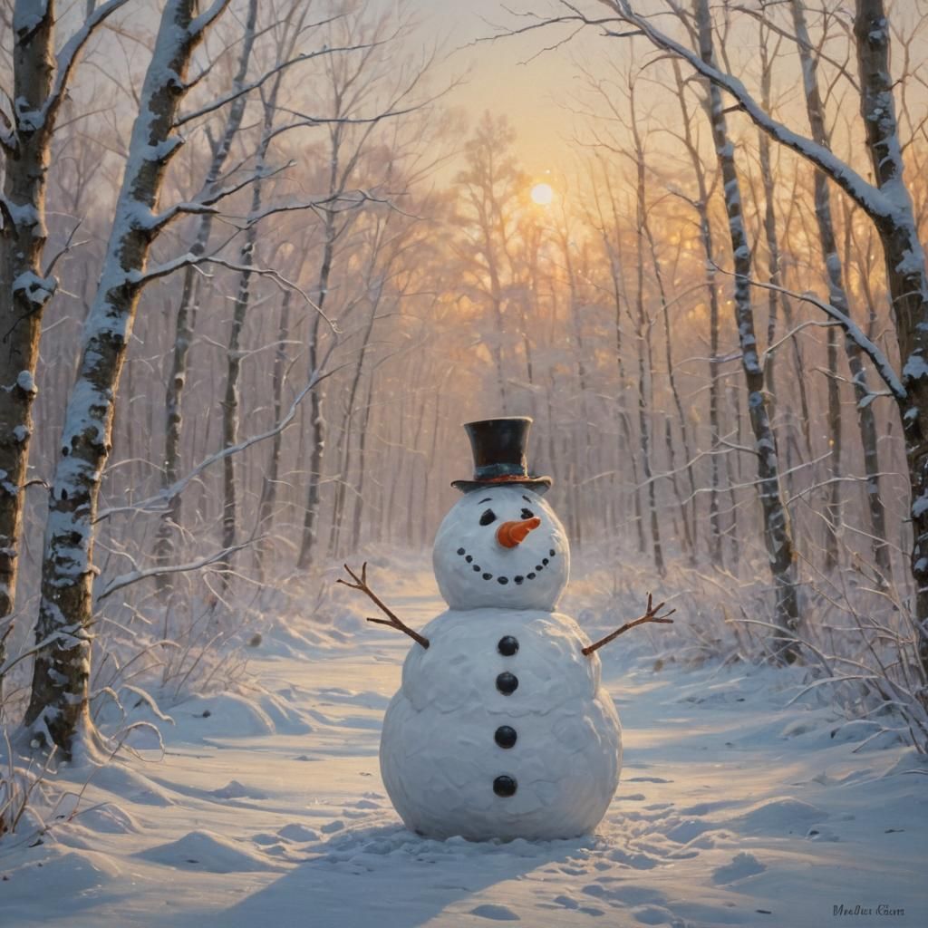 Snowman in Frozen Forest Oil Painting
