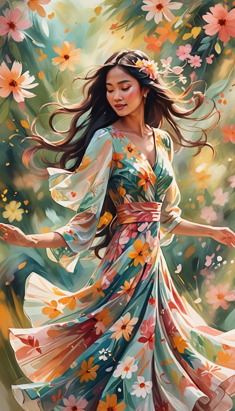 Filipino Fusion Art: Woman Dancing in Floral Dress