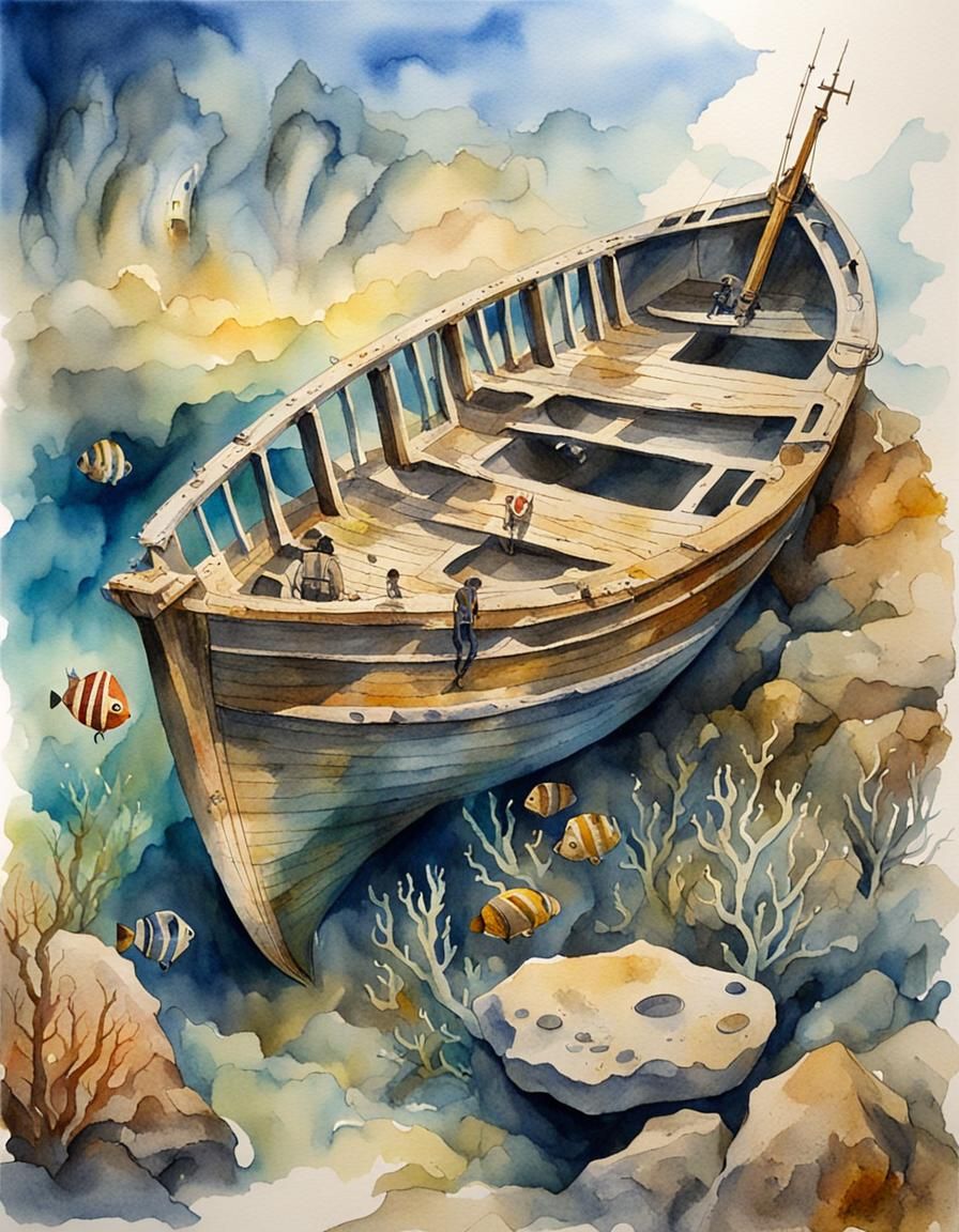 Underwater Shipwreck in Watercolour Style