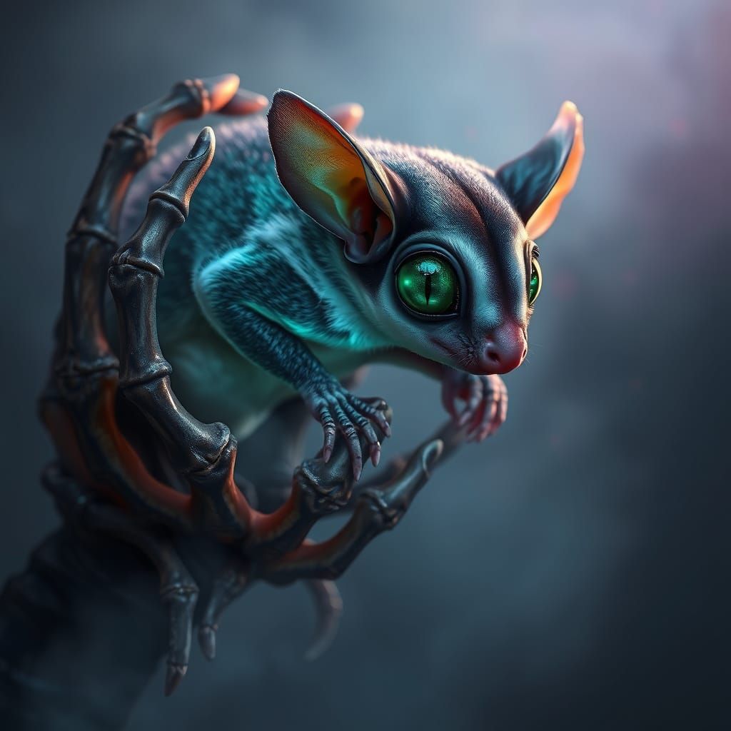 Sugar Glider in Bony Hand, Iridescent Fur and Emerald Eyes