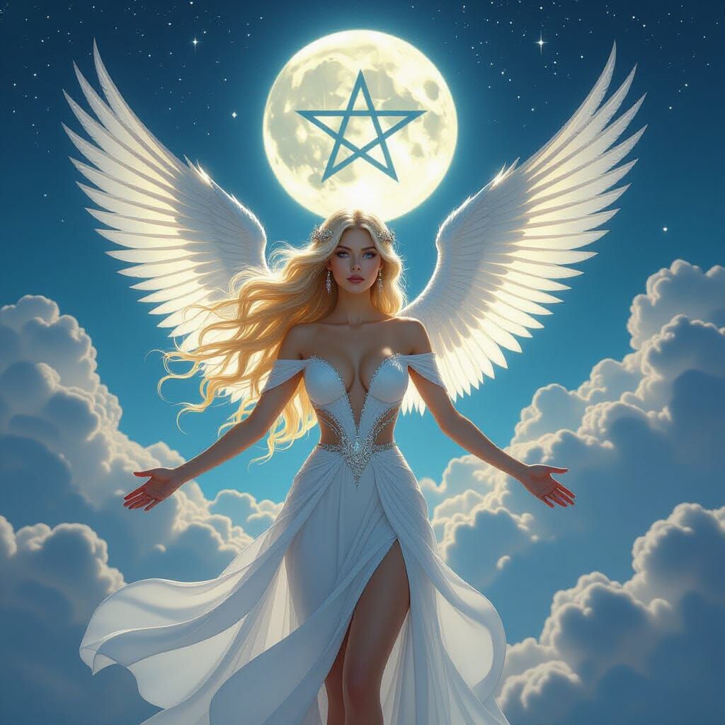 Radiant Goddess with Silver Wings in Fantasy Sky