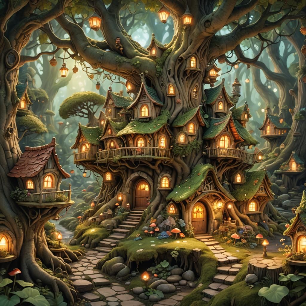 Enchanting Fairy Village in Oak Tree Roots