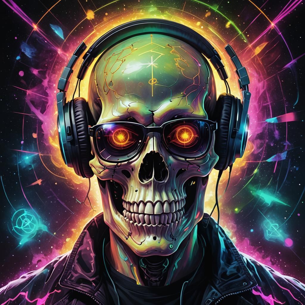 Surreal Cosmic Skull Portrait with Neon Aurora Lights
