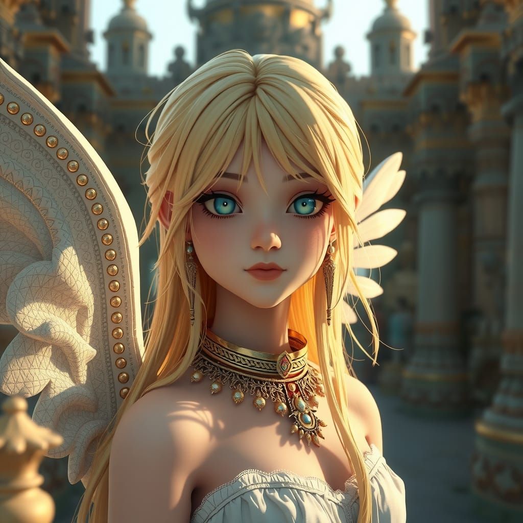 Breathtaking Hindu Temple Angel in 3D Anime Style