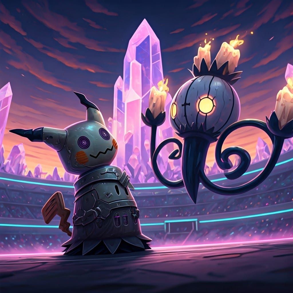 Glowing Crystal Arena: Mech Mimikyu Battles Mech Chandelure
