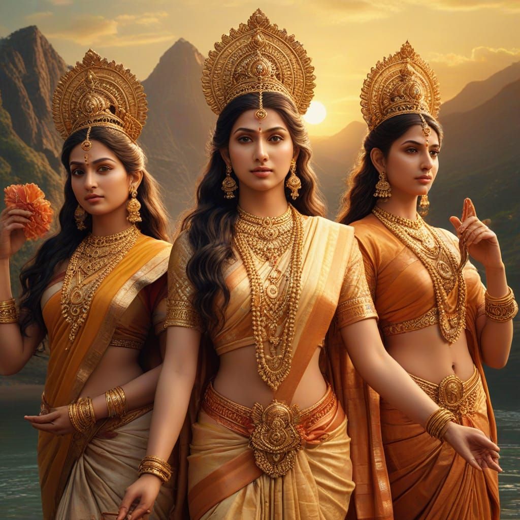 Hindu Goddesses Watching Over Earth in Oil Painting Style