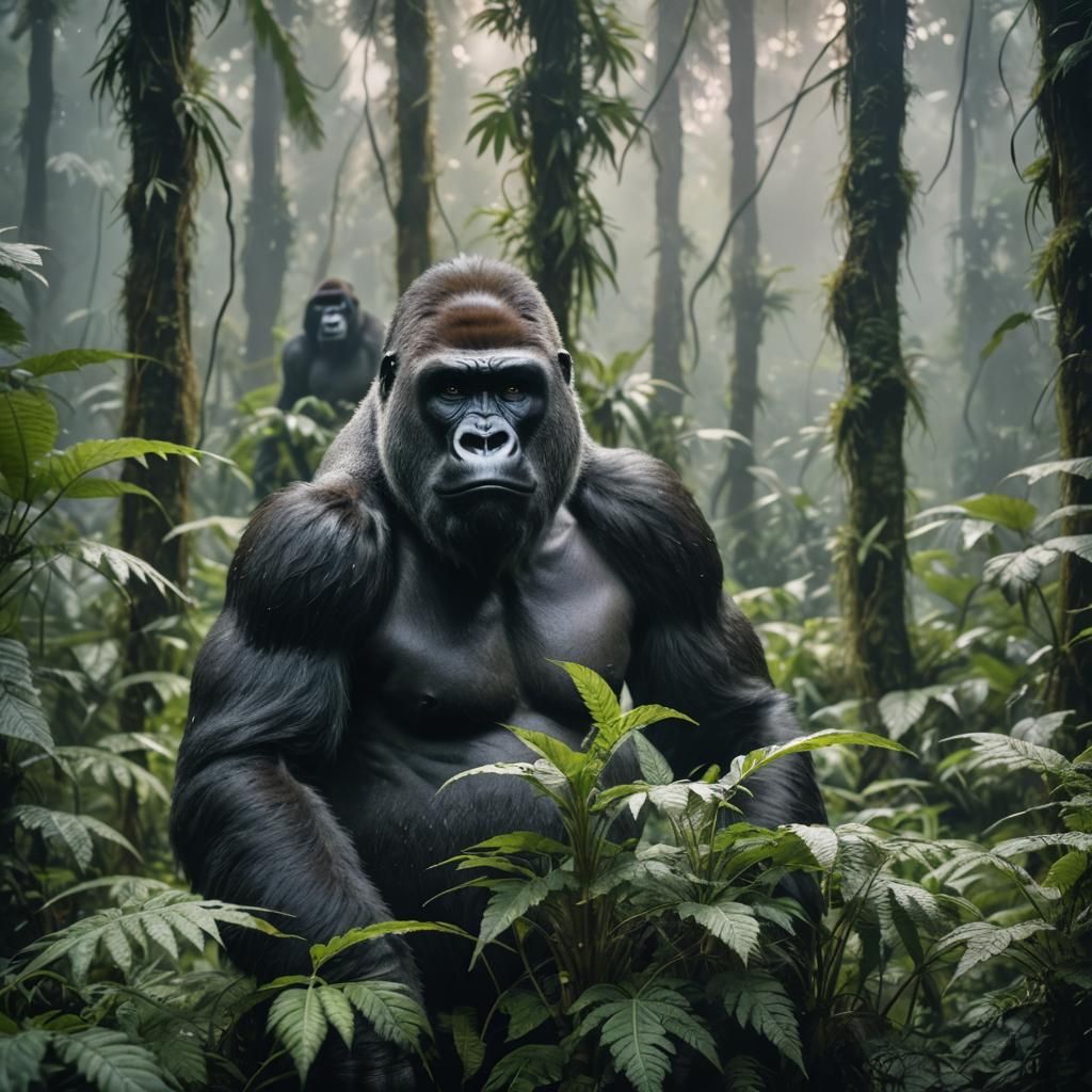 Gorilla in Cannabis Rainforest: Realistic Photography