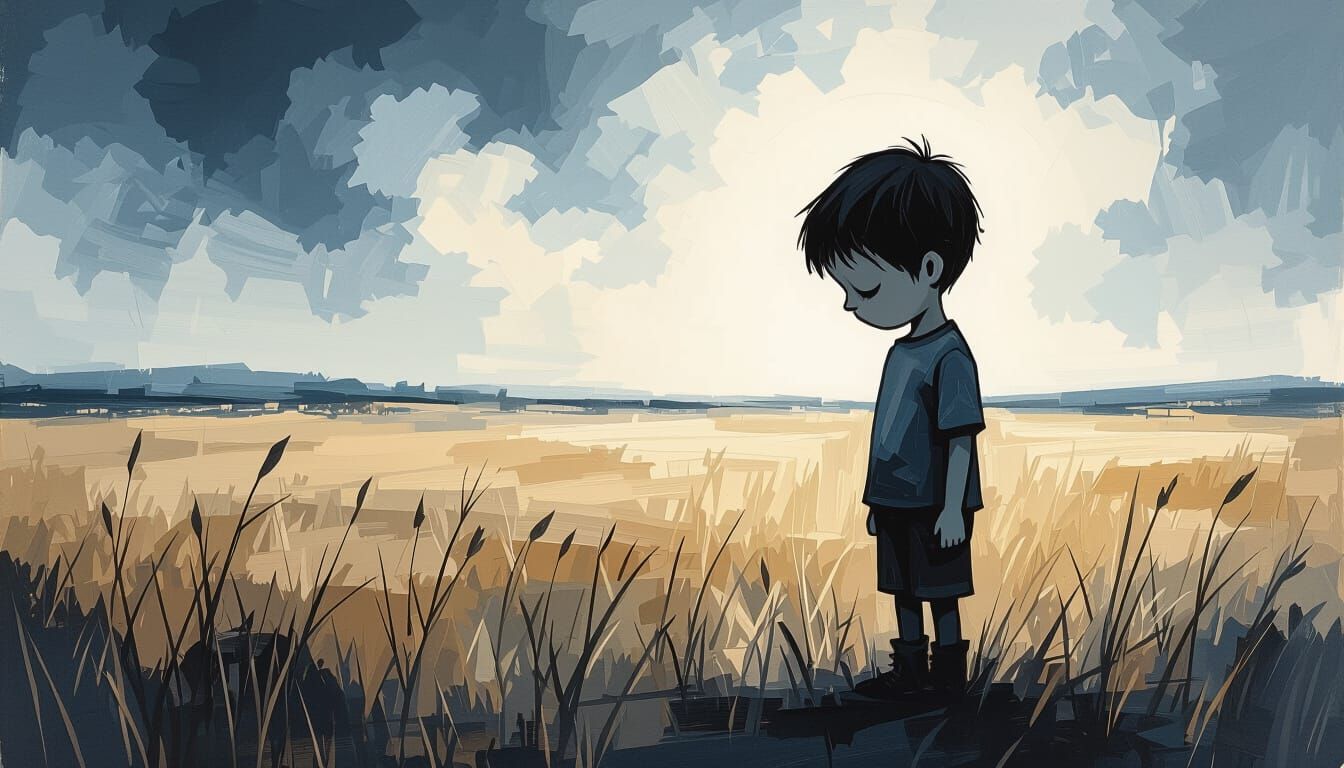 Sad Boy in Vast Field Oily Paint Style