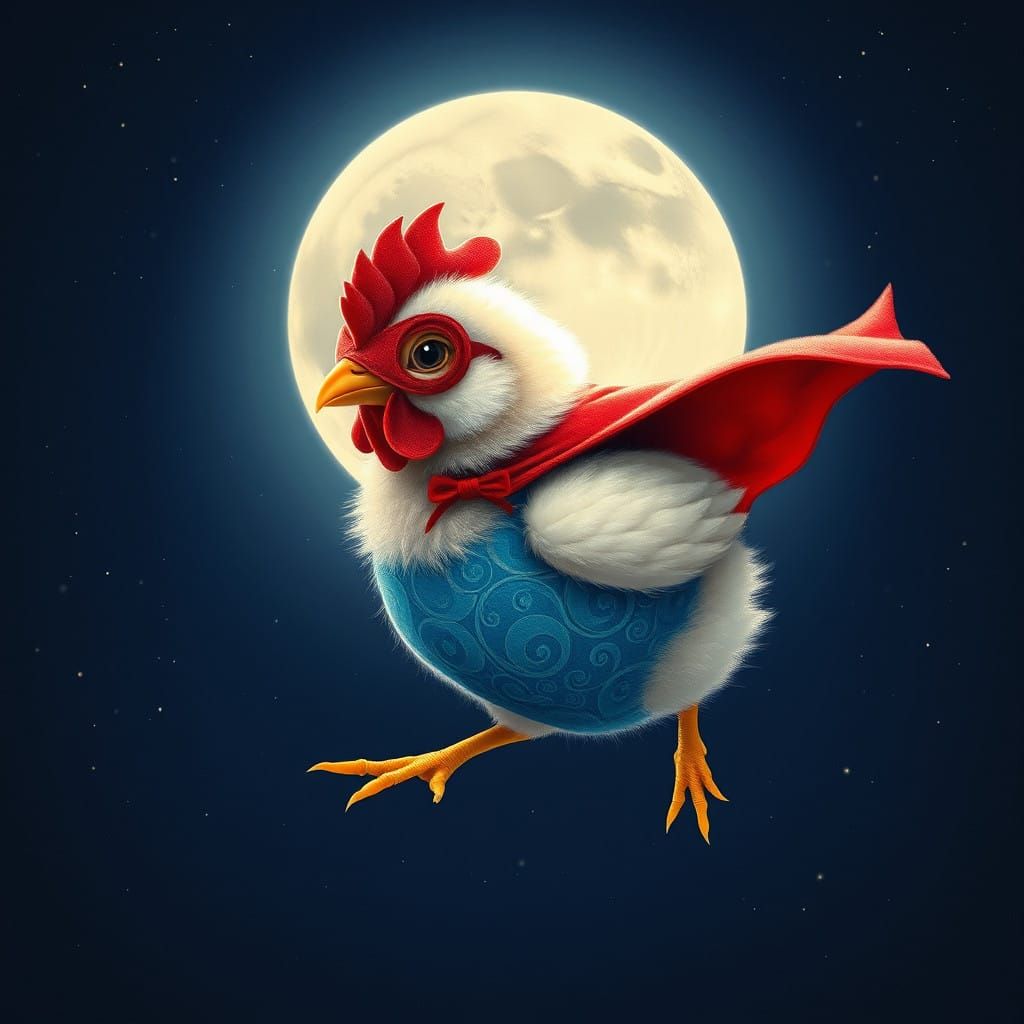 Whimsical Chicken Soars Through the Night Sky in Vibrant Cap...