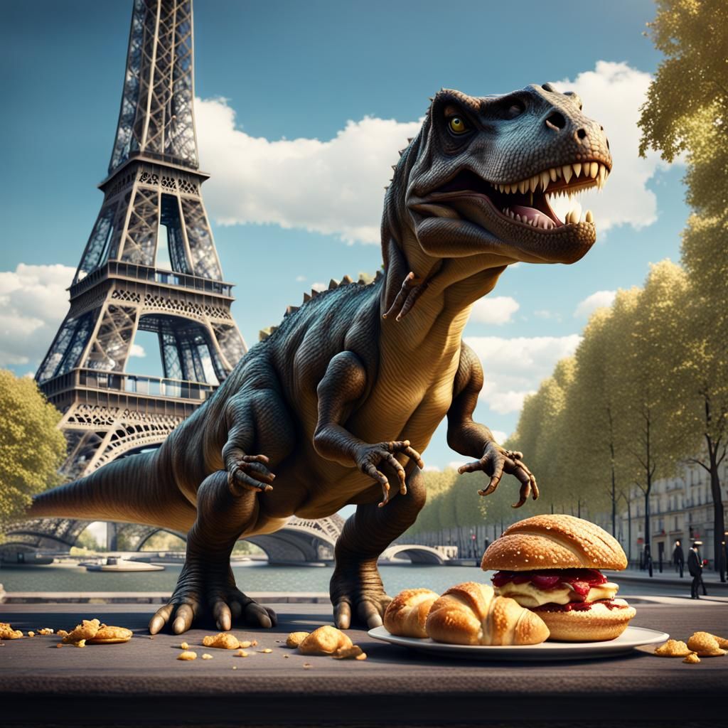 T-Rex Eating Croissant in Paris: Detailed Matte Painting