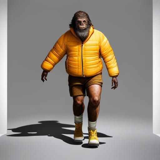 Sasquatch in Yellow Puffer Jacket: Detailed Matte Painting