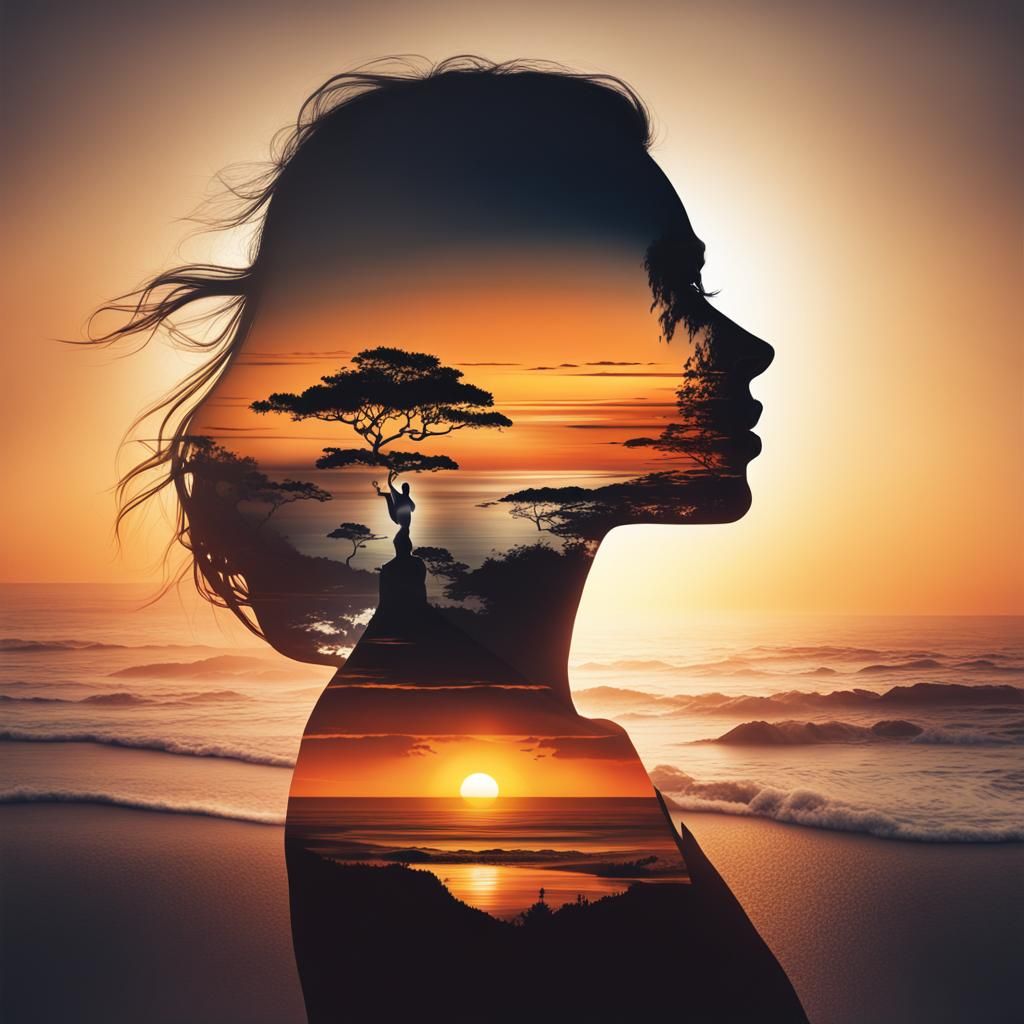 Double Exposure: Woman and Sunset Coast in 8K