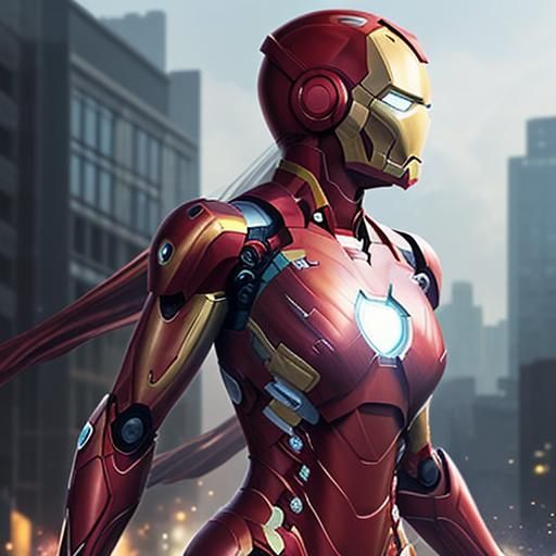 Female Iron Man Flies Through City: Hyperrealistic Art