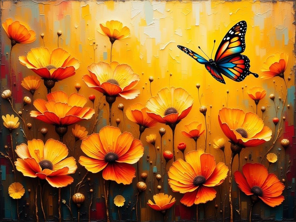 Butterfly and Ranunculus Impasto Painting