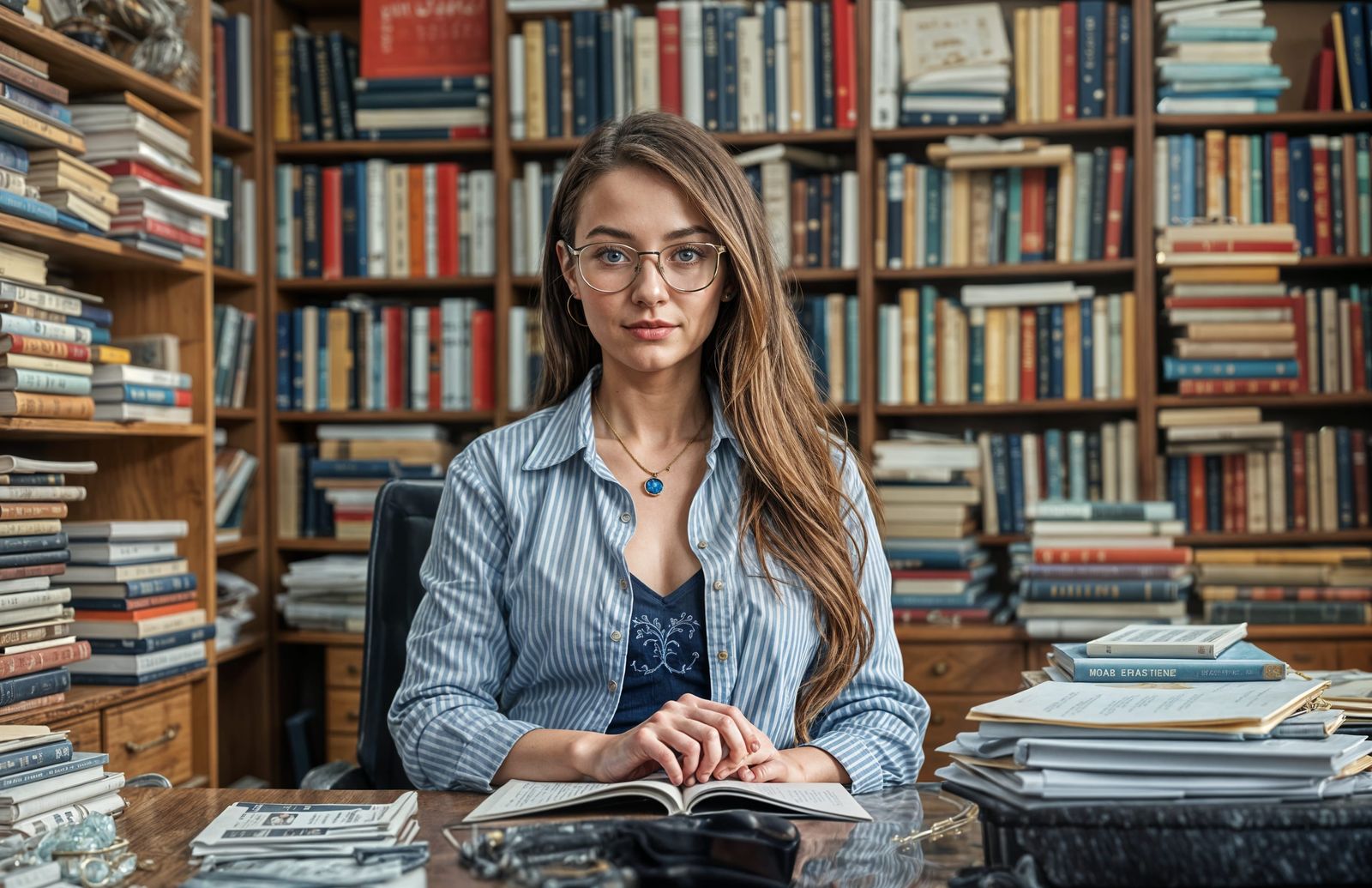 Journalism Researcher Surrounded by Books in Modern Office