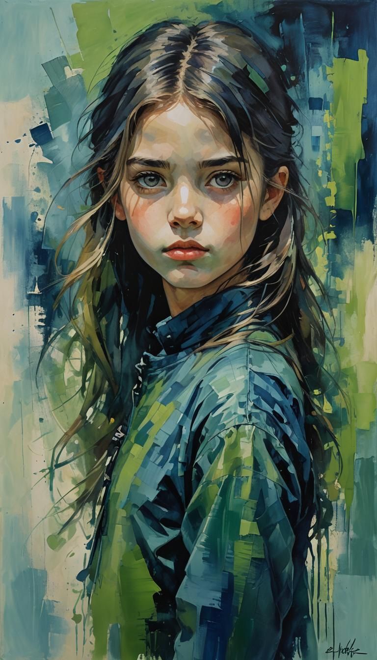 Intense Young Girl Portrait in Impressionist Style