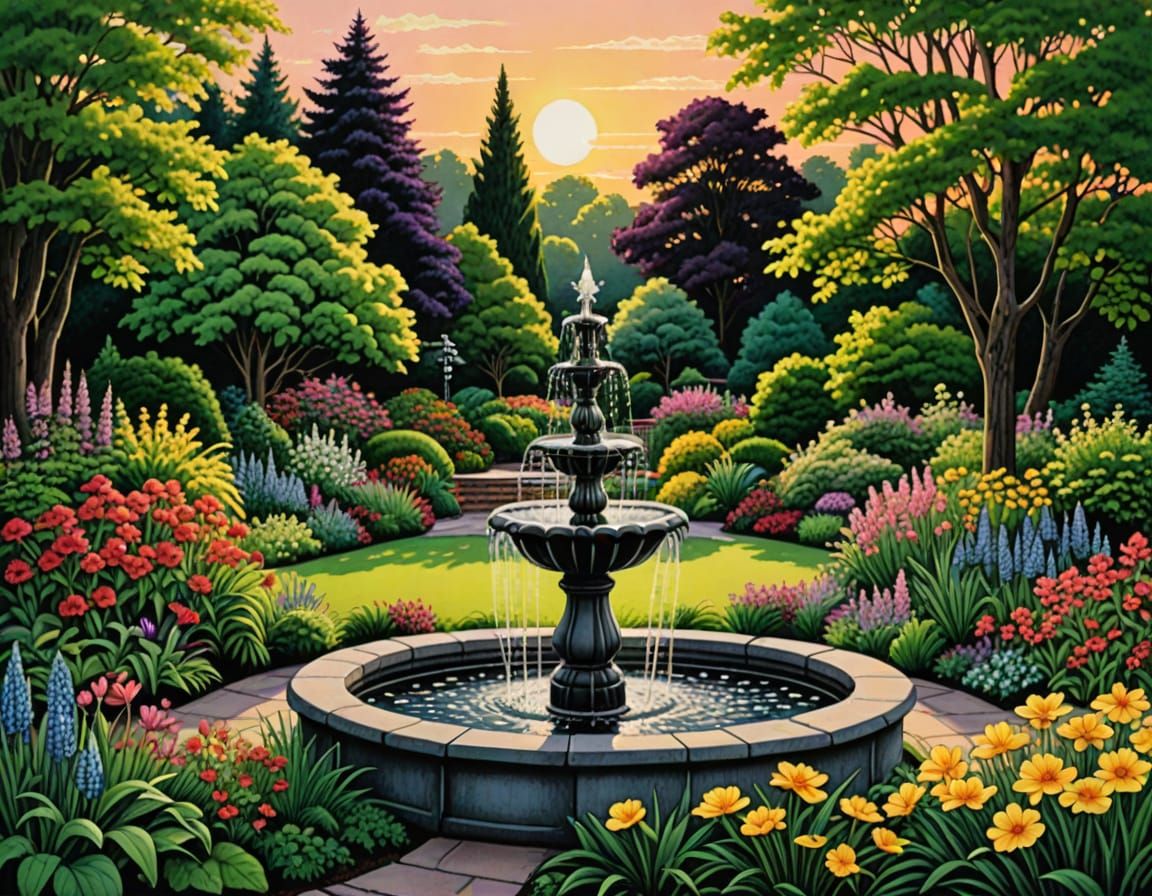 Detailed English Country Garden at Sunset