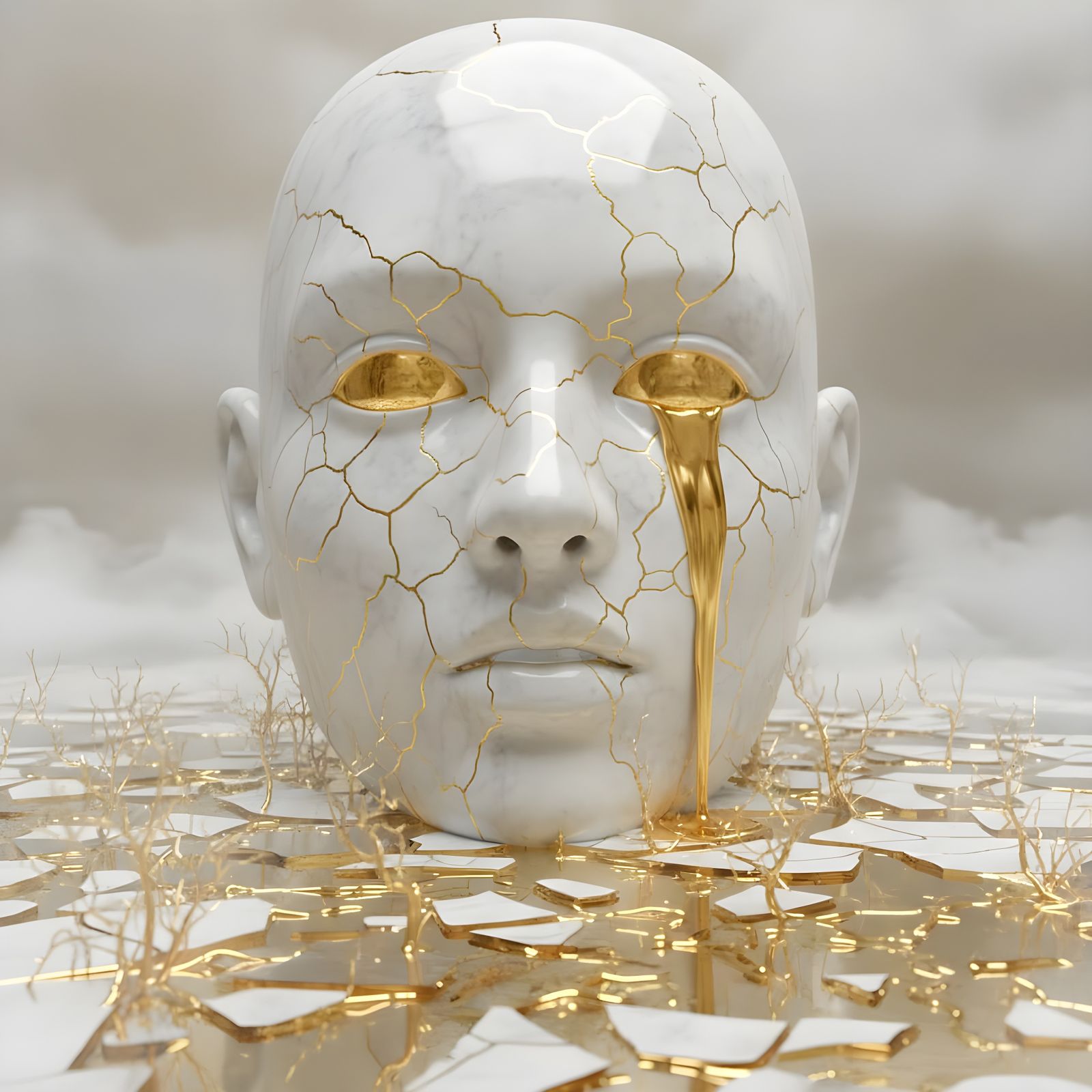 Golden Waterfall from Marble Mask in Reflective Basin