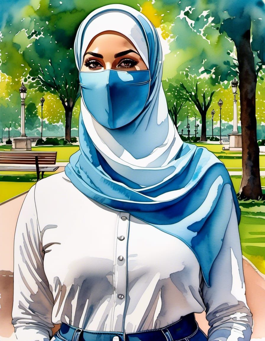 Charming Hijabi Woman with Mask in Watercolor Pop Art