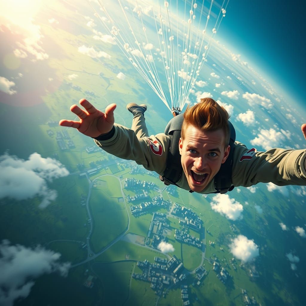 Skydiving Man in Hyperrealistic Splash Art Style