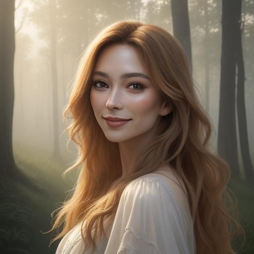 Portrait of Beautiful Woman in Misty Landscape as Oil Painti...