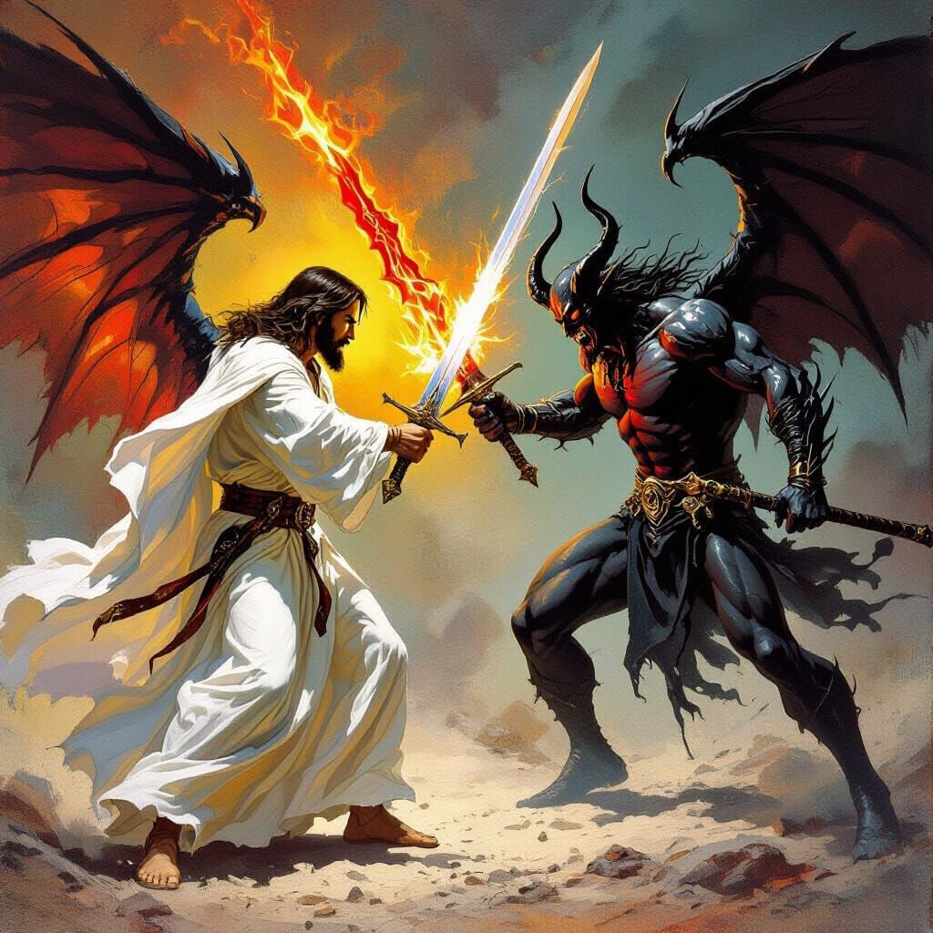 Epic Battle: Jesus vs. Satan in Comic Book Style