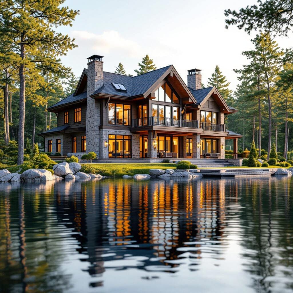 Realistic 3D Lake House Render with Bright Lighting