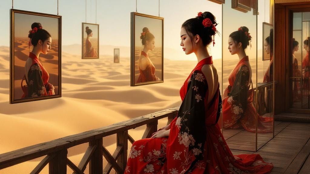 East Asian Woman in Desert Dreamscape, Digital Realism