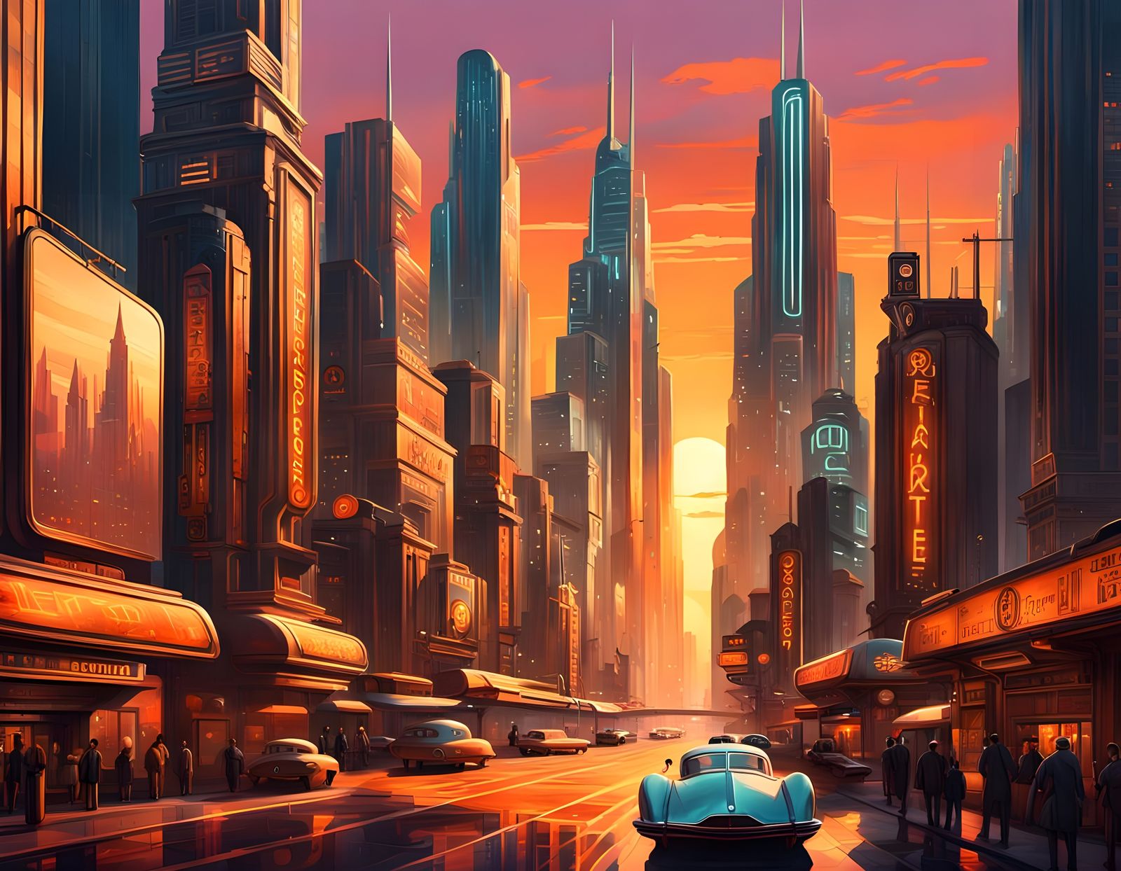 Retro-Futuristic Cityscape with Art Deco Skyscrapers