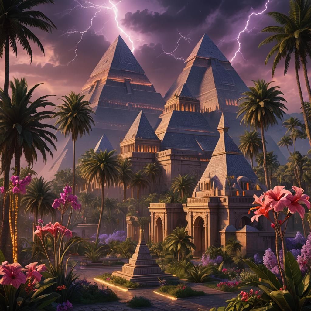 Surreal Landscape: Pyramids, Palms, and Lightning-Lit Cathed...