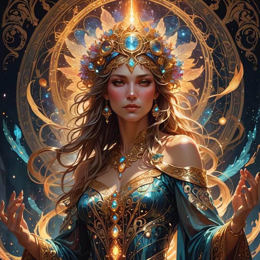 Enchantress Conjuring Spell in Art Nouveau Style