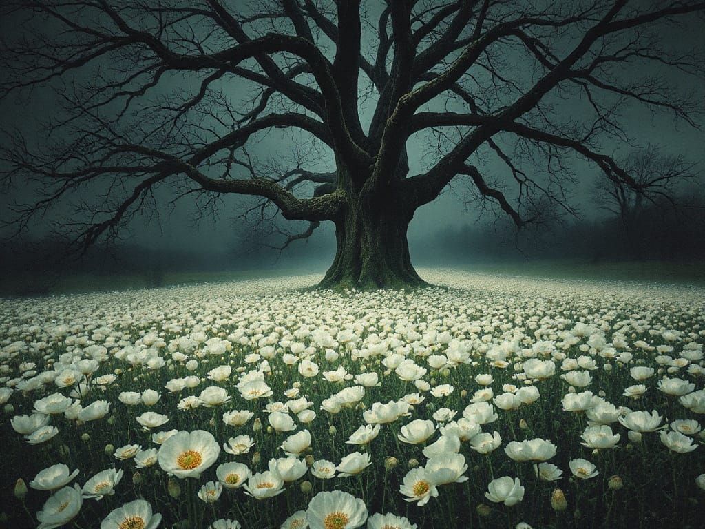 Ancient Tree Enveloped by a Sea of White Wood Anemones in Sp...