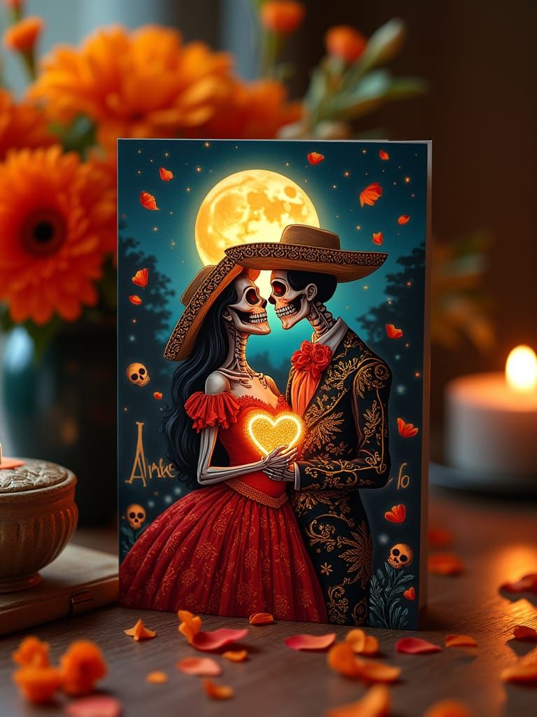 Romantic Día de los Muertos Valentine's Card with Calavera C...
