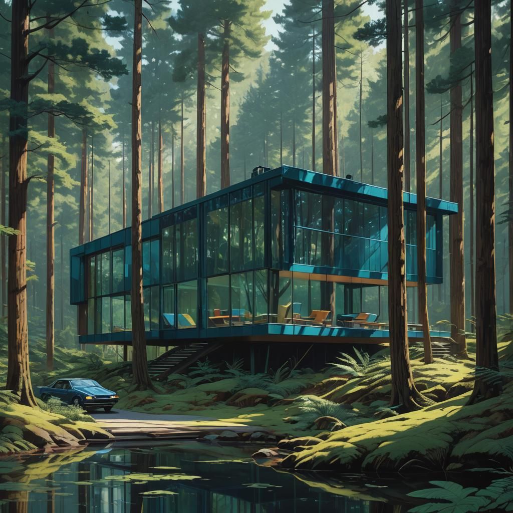 Modern Cabin in Forest: Matte Painting Style