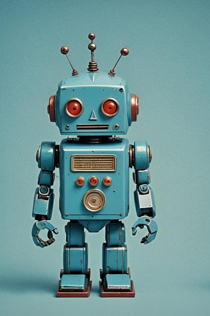 Retro Toy Robot on Blue Background