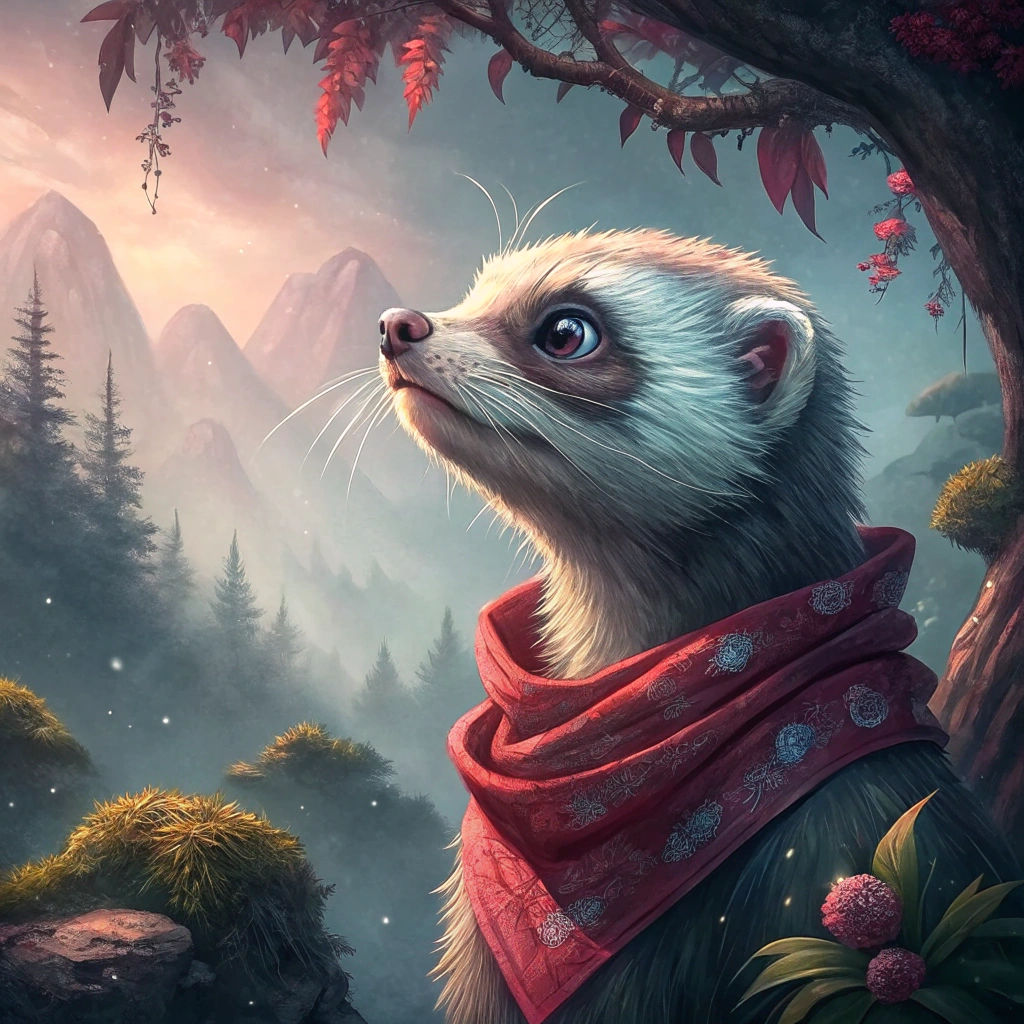 Ferret in Whimsical, Surreal Landscape with Ancient Trees