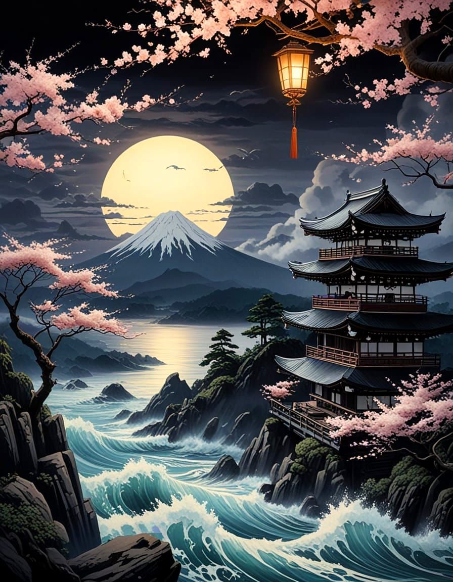 Cyber Yokai Oni Mask Rises from Stormy Cherry Blossom Landsc...