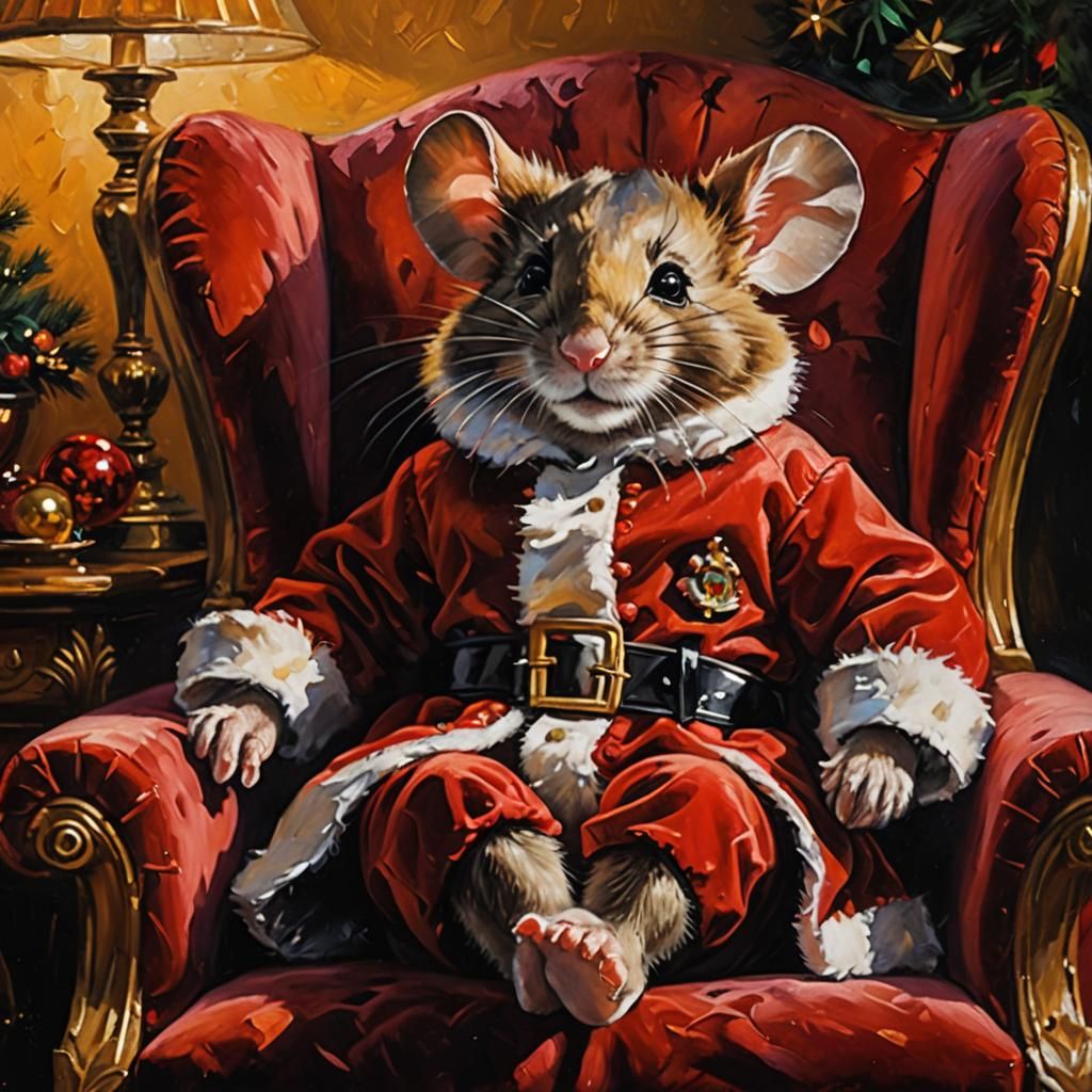 Festive Mouse in Santa Outfit: Impasto Oil Painting