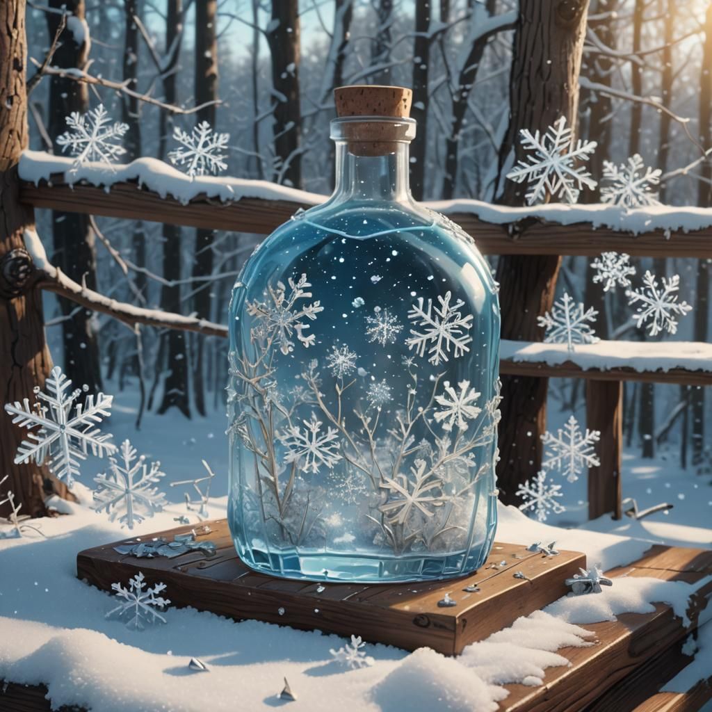 Snowflake Bottle in Snowy Forest, Digital Matte Painting