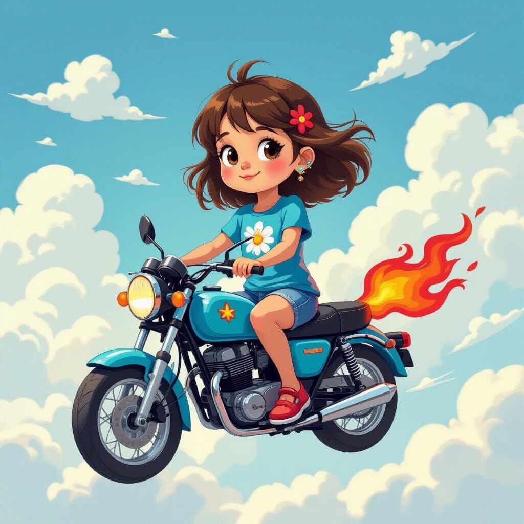 Girl on Motorbike Floating in Sky, Whimsical Illustration